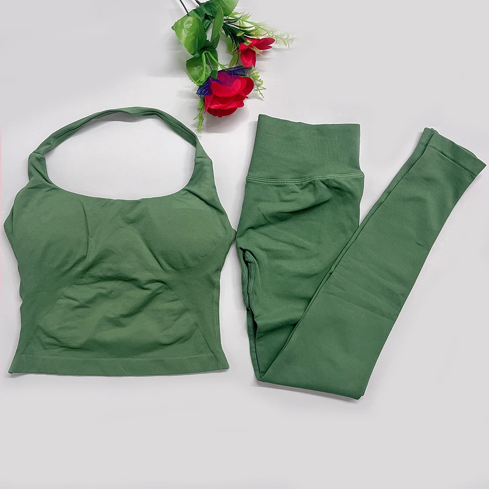 

2026 impact Yoga outfits two Pieces Gym Pant Set seamless Women backless Halter Top and Scrunch Leggings Fitness Workout Outfit