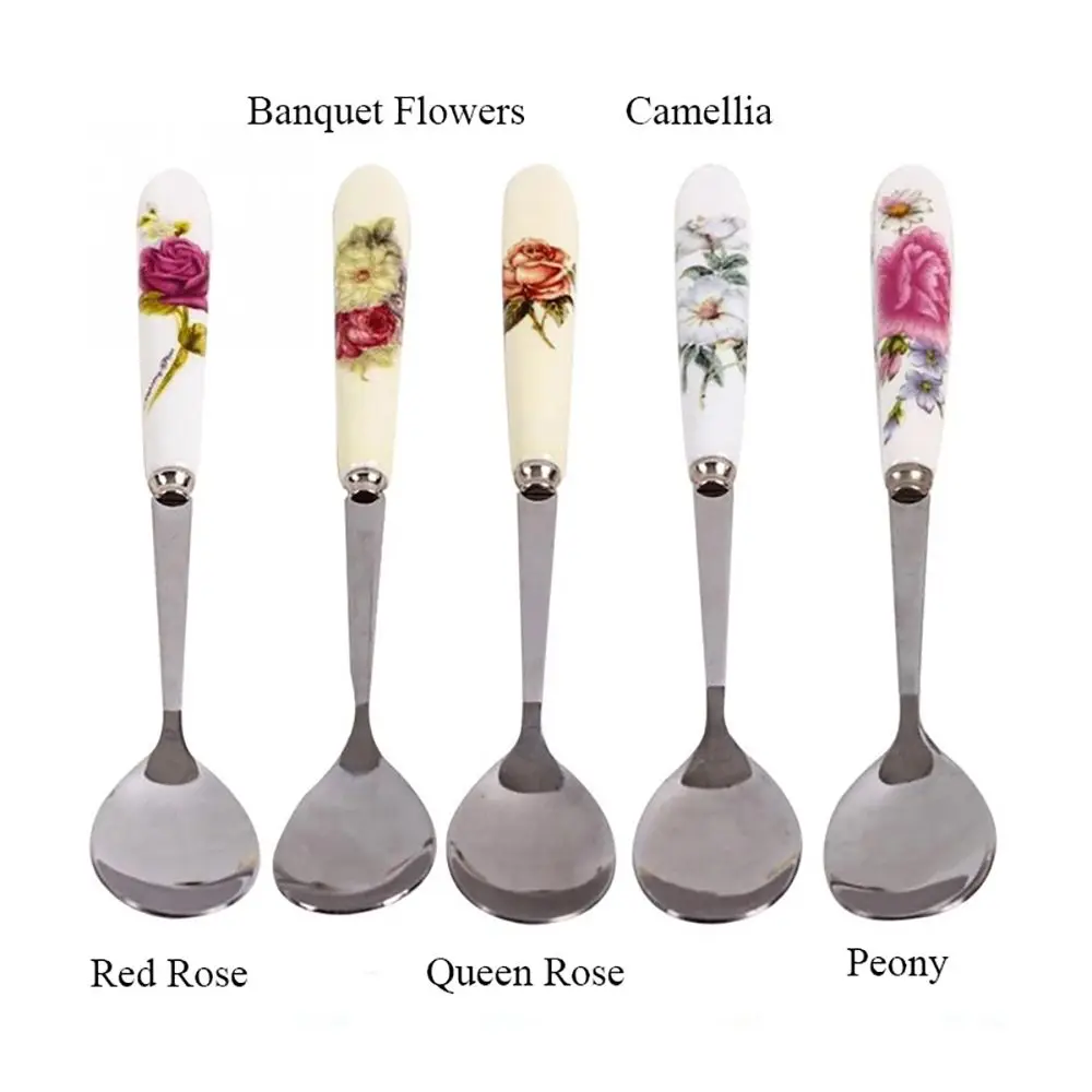 Long Handle Ceramics Spoon Ice Cream Dessert Teaspoon Rose Flowers Stainless Steel Mini Coffee Spoon Kitchen Tea Spoon