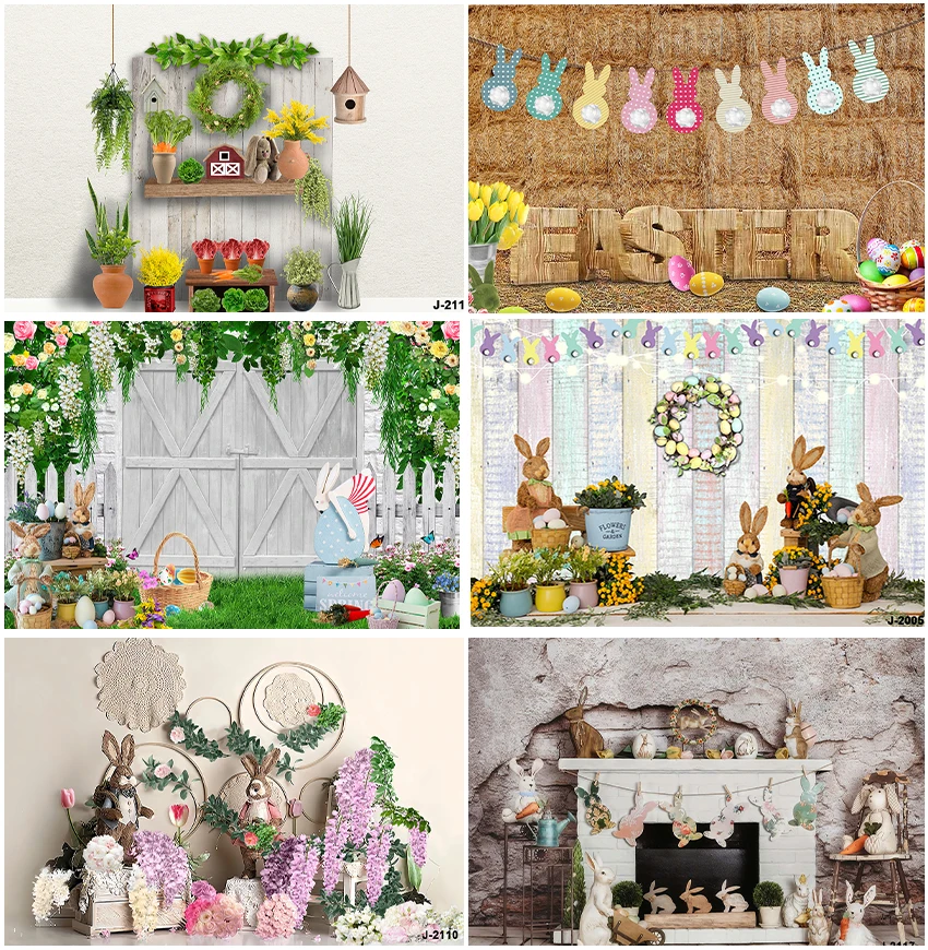 

Spring Easter Theme Green Plants Rabbit Carrots Haystack Photographic Eggs Floral Backdrops Kids Portrait Birthday Backgrounds