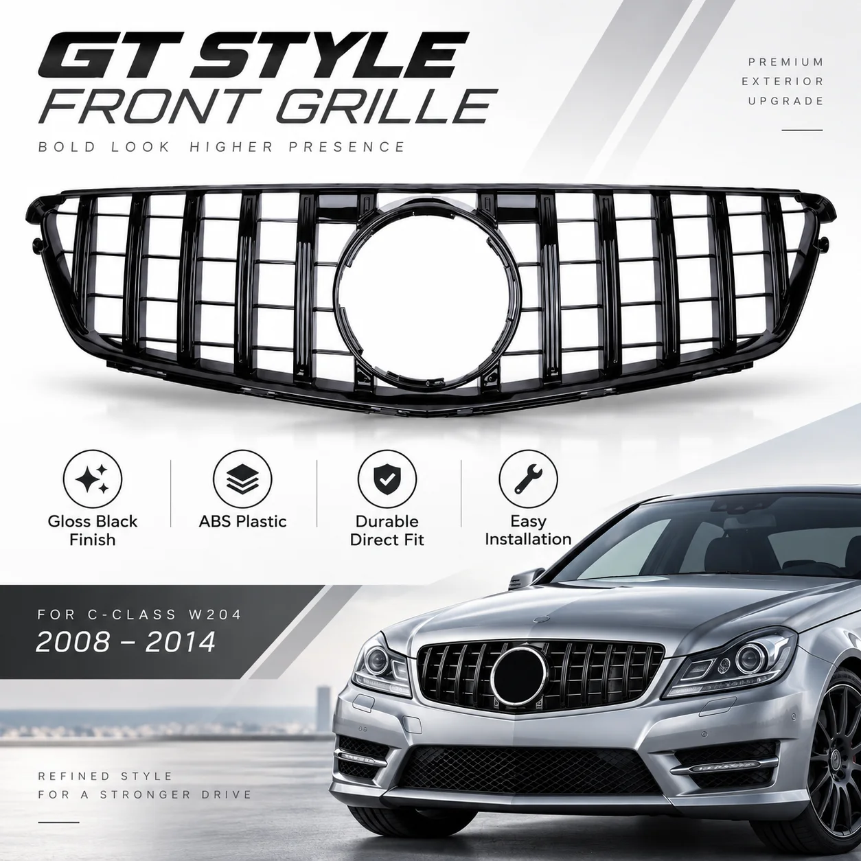 Für Mercedes C-Klasse W204 C180 C200 C250 C300 GT-Style Frontstoßstangengrill, glänzend schwarz, Rennsport-Gitter, 2008-2014, Ersatzgrill, ABS-Kunststoff, langlebig, direkte Passform, einfache