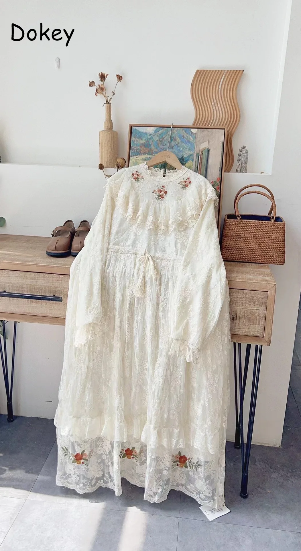 Vintage Embroidery Lace Ruffled White Dress Women Japanese Mori Doll Collar Long Sleeve Dress Casual Drawstring Loose Vestidos