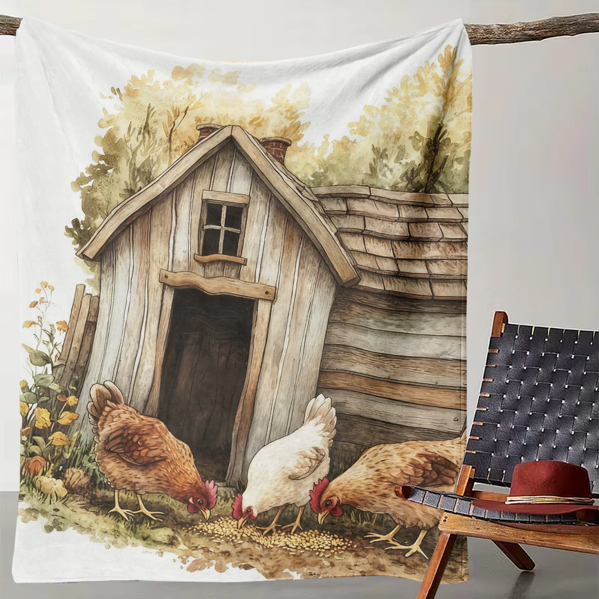 

1 Watercolor Pastoral Chicken Coop Blanket Warm Farmhouse Chicks Foraging Flannel Throw
