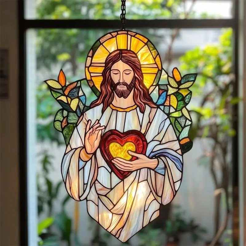 Stained Glass Window Hanging Jesuses Suncatchers Ready to Hangs Window Door Home Decorations Birthday Gift Women,Men B03E