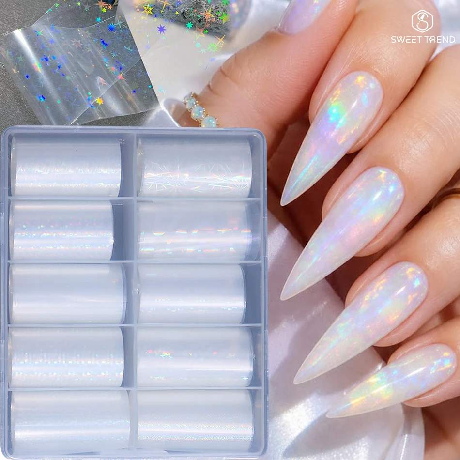 1 Box Laser Aurora Fragment Nail Foils Transfer Paper Sticker Iridescent Laser Star/Circle Design Starry Sky Manicure Decoration