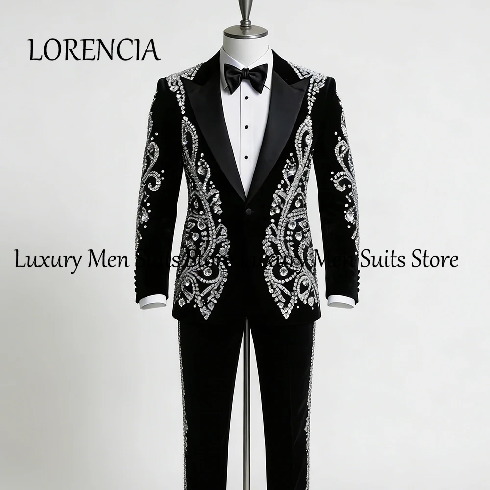 

Luxury Rhinestone Men Suits 2 Pieces Sparkling Diamond Evening Party Groom Tuxedo Set Customized Blazer Pants roupas masculinas