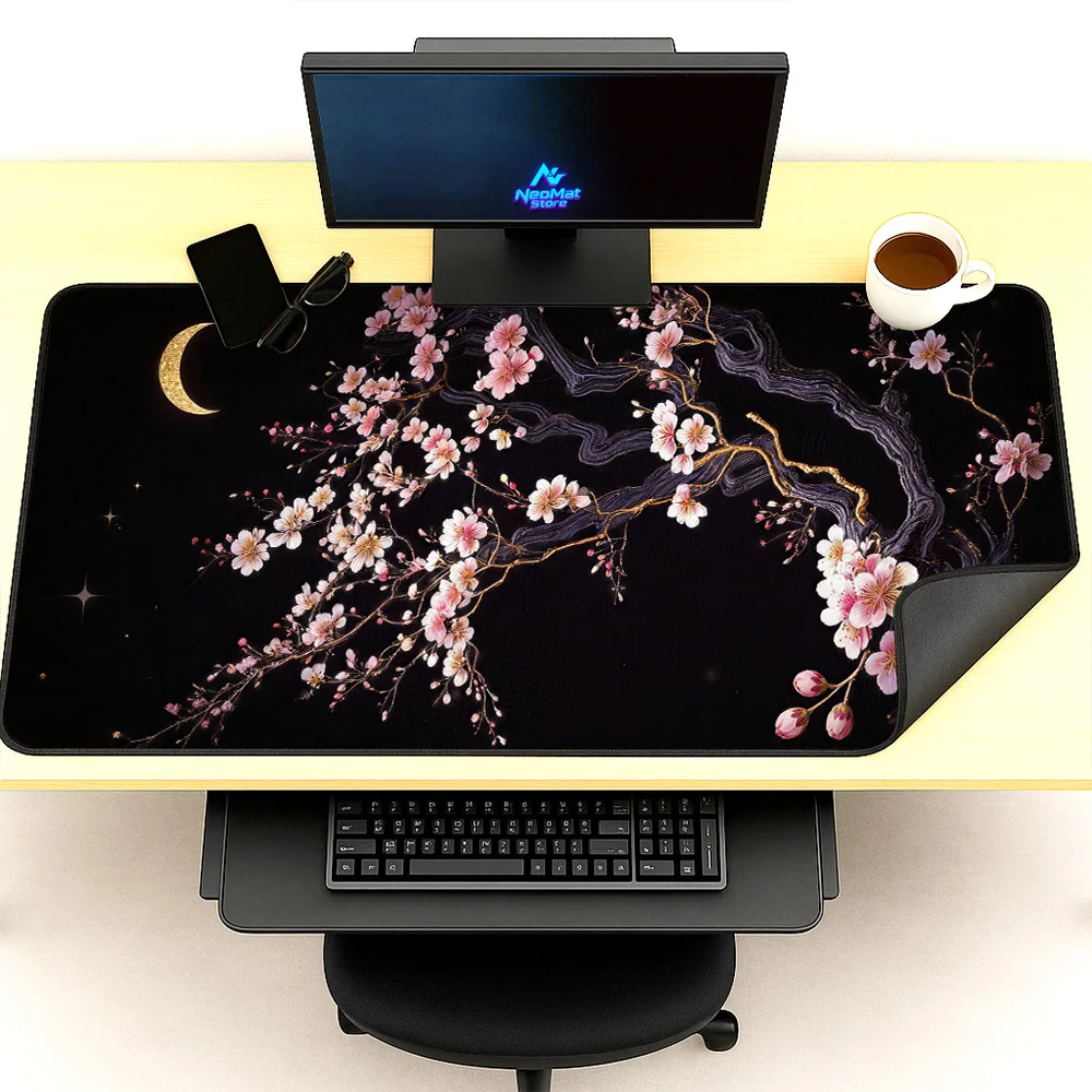 Japanese Sakura Mouse Pad Xxxl Game Moon Mousepad Aesthetic Cherry Blossom Gaming Pc Mats Black 1200x600 1800x600 Oversized Rug