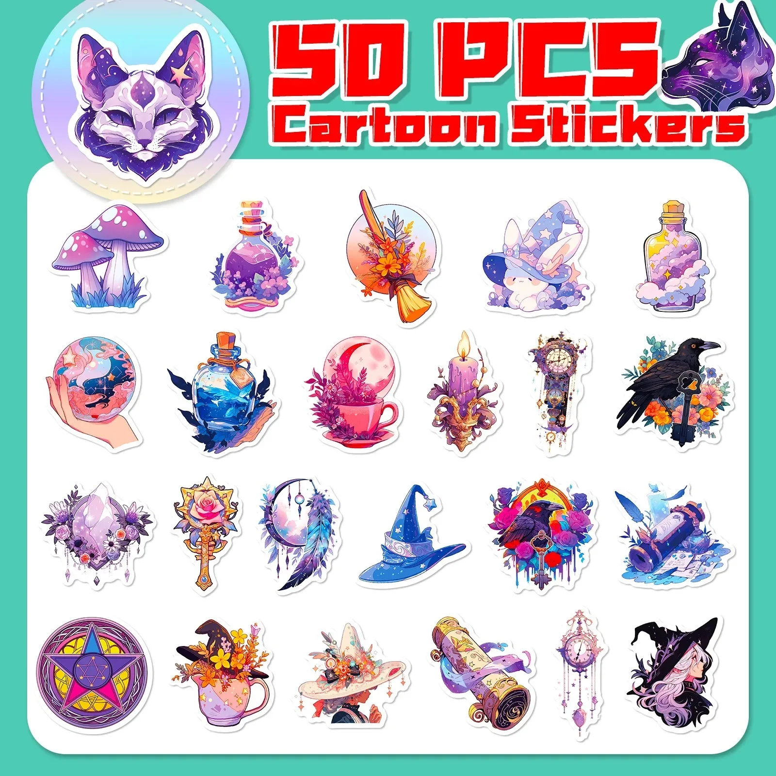 50PCS Popular Cartoon Magic Graffiti Helmet Laptop Skateboard DIY Personalized PVC Waterproof Toy Reward Sticker