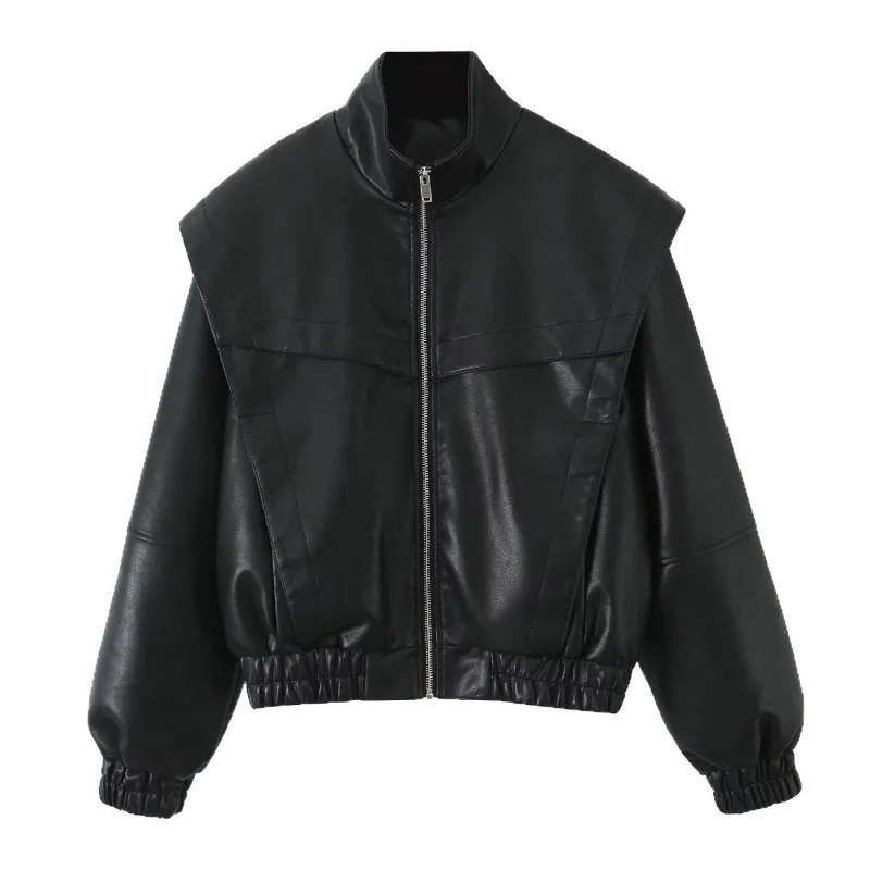 European American  Women's Clothing Autumn New Style Retro Large Flip Shoulder Design PU Leather Zipper Decoration Jacket Top