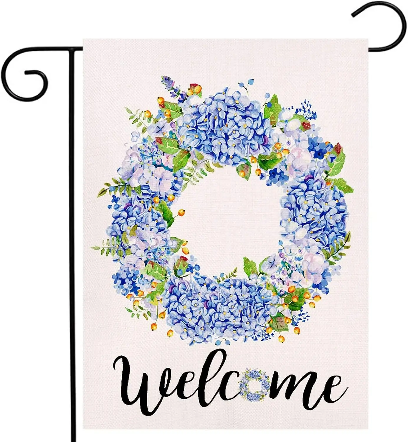 Welcome Blue Hydrangea and Berries Wreath Small Garden Flag Vertical Double Sided 12 x 18 Inch Summer Burlap Yard Décor