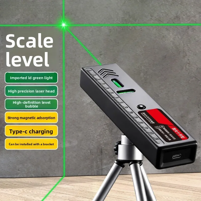Rechargeable Green Laser Level Ruler,2 Lines Cross Line Laser Level with Magnetic  Built-in Bubble Level,for Construction Tools