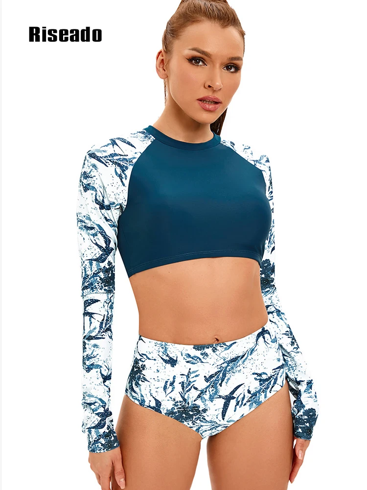 Riseado 2024 New Woman Long Sleeve Swimsuit Tropical Print Swimwear Bathing Suits Beachwear Summer Swimming Suits Beach Sport