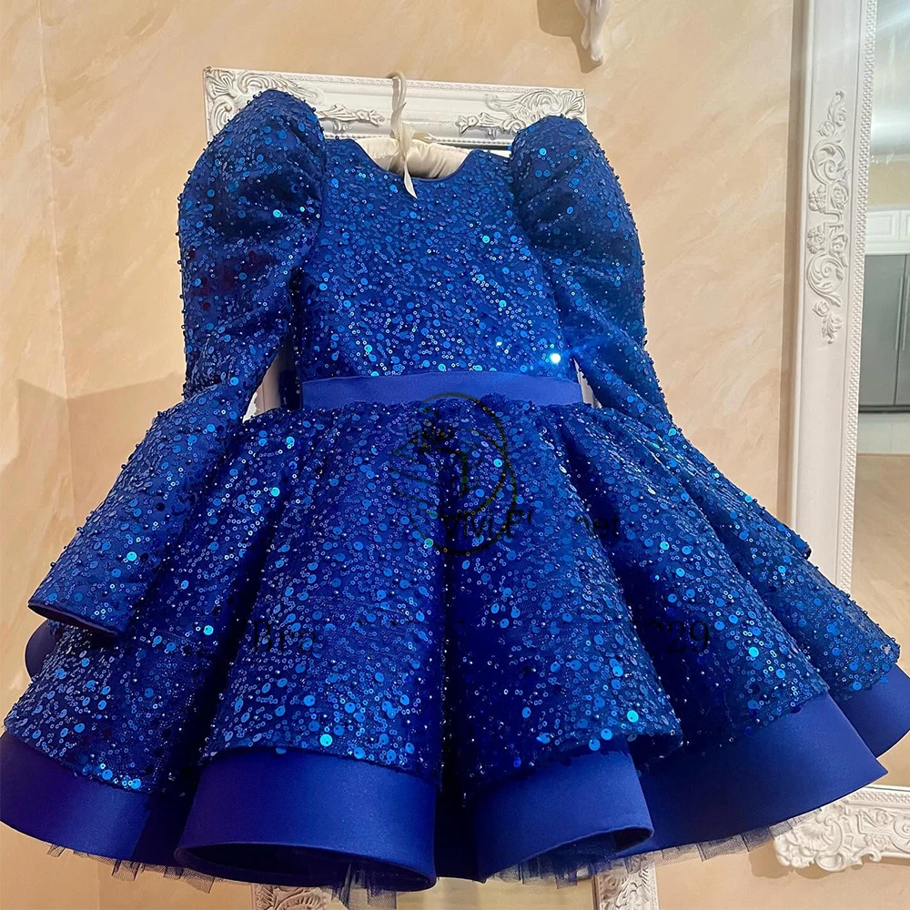 Flower Girl Dress For Wedding Sequins Royal Blue Puffy Ruffy First Communion Ball Gowns Kids Princess Birthday Party Dress 2024