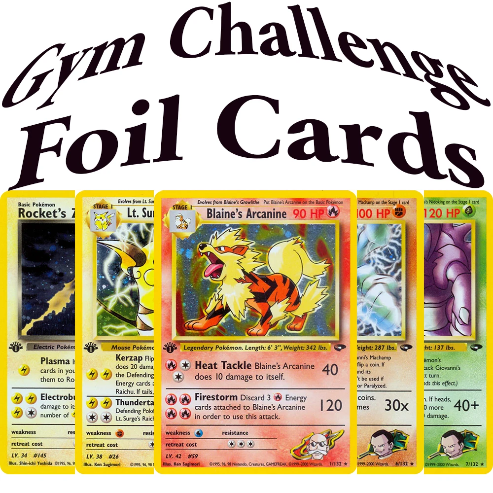 

Игровые карты PKM Gym Challenge (G2): Чаризард Блейна, Мьют Рокета, Венузавр Эрики, Гиарарос Джованни, Гиарарос Мисти