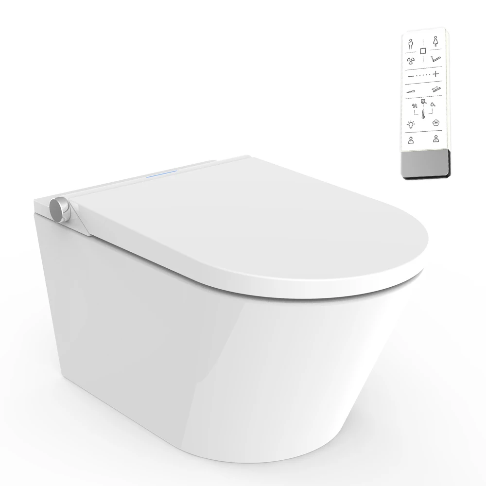 Automatic Rimless Ceramic 1-Piece Intelligent Bidet, Wall-Hung Smart Toilet, Remote Control, Easy Clean, Water Saving