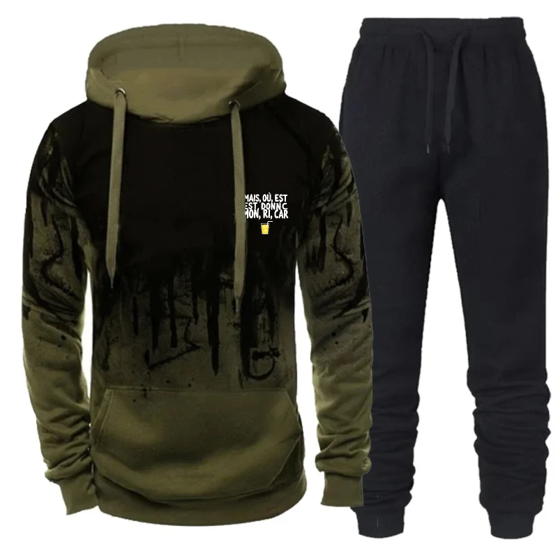 Setelan Hoodie Pria Hitam Abu-abu dengan Grafis dan Teks Cetak, Sweatshirt Kasual untuk Olahraga, Gym, dan Streetwear