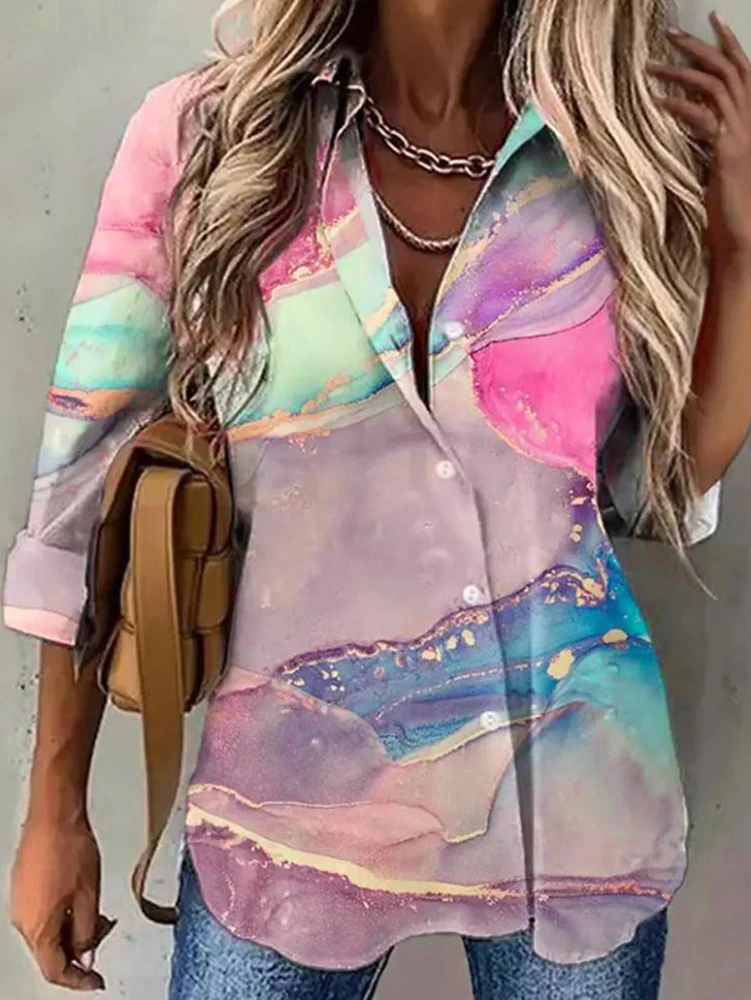 

Plus Size 2025 New Women's Clashing Colours Splendid Shirt Single Row Button Fashion Street Beautiful V-Neck Shirt Collar