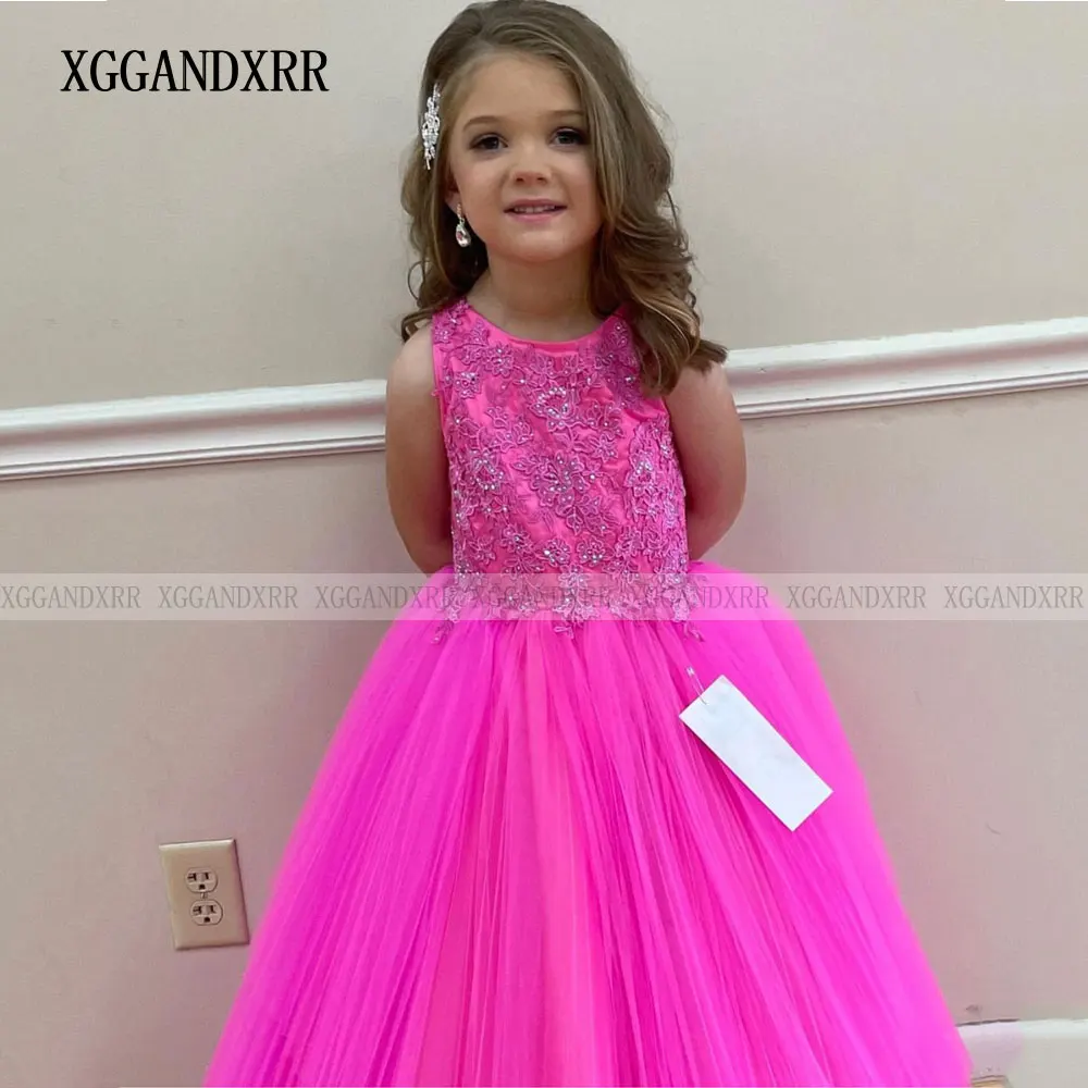 Precioso vestido de niña de flores rosa para bodas, vestido de fiesta para niños pequeños 2023, hermoso vestido de princesa con Apliques de encaje, dulce 15