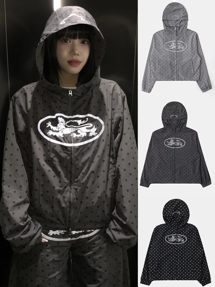 

Американская ретро-куртка в горошек для женщин: свободная повседневная спортивная толстовка с капюшоном, быстросохнущая, с длинными рукавами, укороченная, на молнии