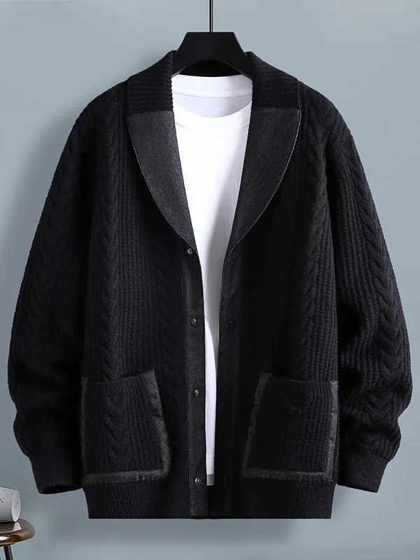 

Мужской вязаный кардиган свободного кроя с воротником-стойкой, винтажный узор, однотонный, повседневный, модный, из полиэфирного волокна, с длинными рукавами