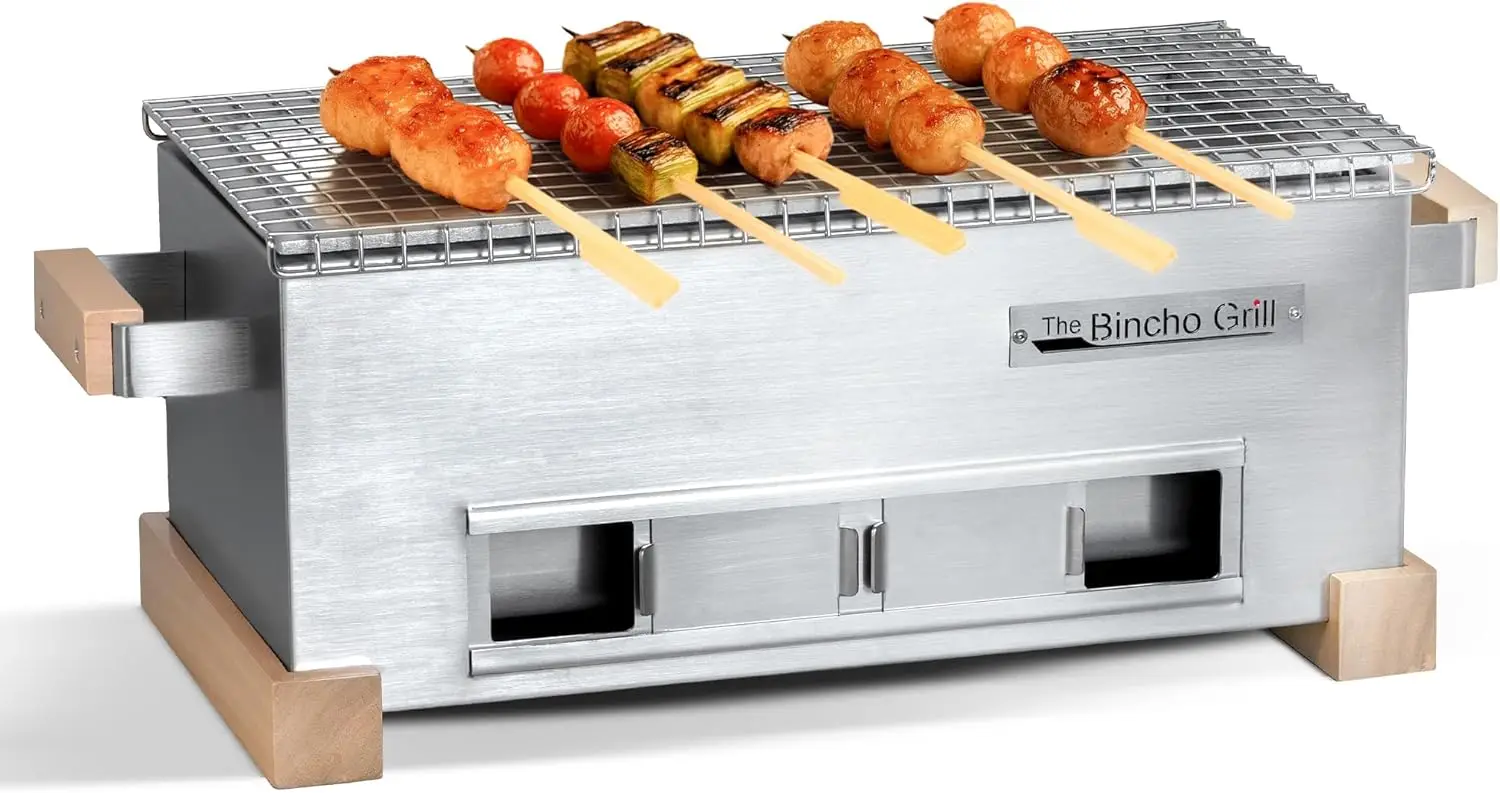 

16" Mini Yakitori Grill – Stainless Steel Mini Tabletop Charcoal BBQ with Charcoal Box, Optimized Airflow & Cool-Touch Base - Pe