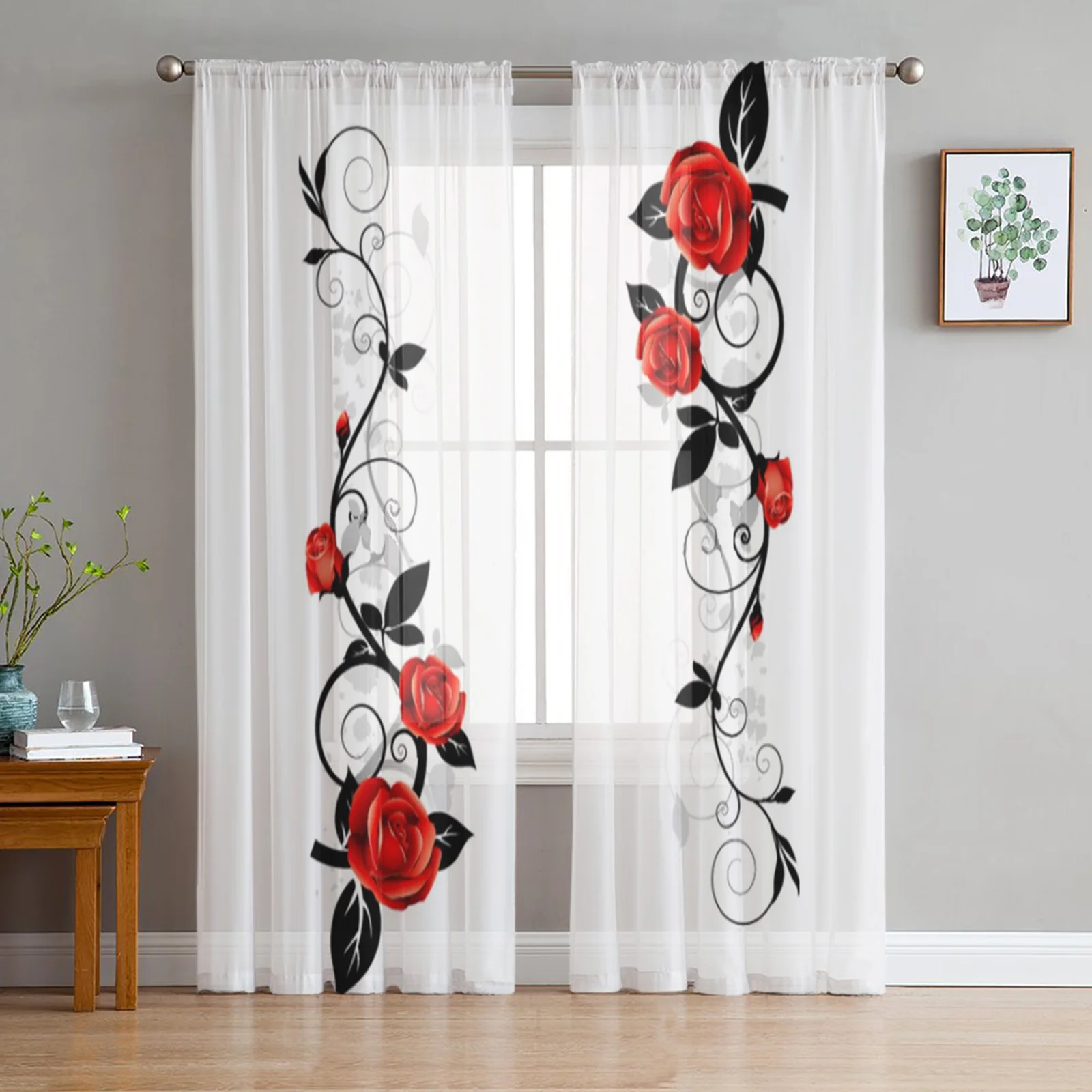 Red And Black Rose Flowers Sheer Curtains for Living Room Bedroom Tulle Curtains Kitchen Window Treatments Panel Drapes