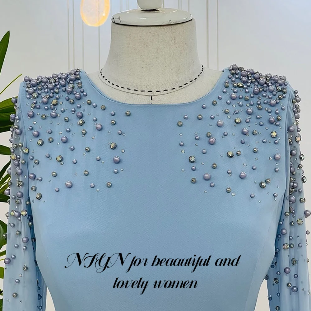 NFYN robe de bal bleu clair col rond robe de soirée en mousseline de soie embellissements de perles robe de soirée manches longues robes de soir personnalisé