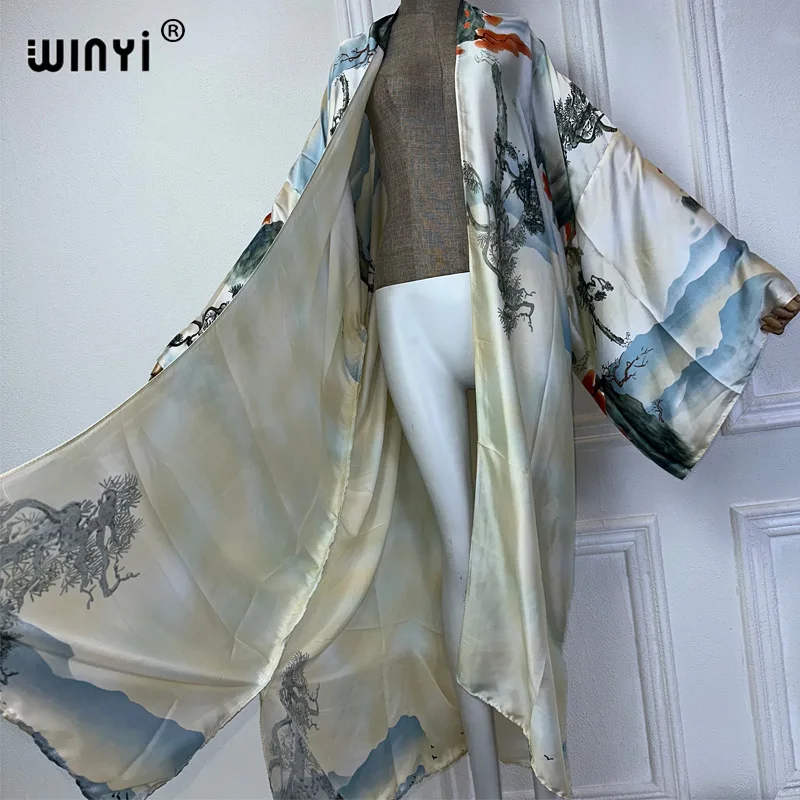 Winyi Zomer Kimono Afrikaanse Boho Print Jurk Strandkleding Elegant Vest Sexy Vakantie Strandoutfits Voor Dames Vestidos Bedekken