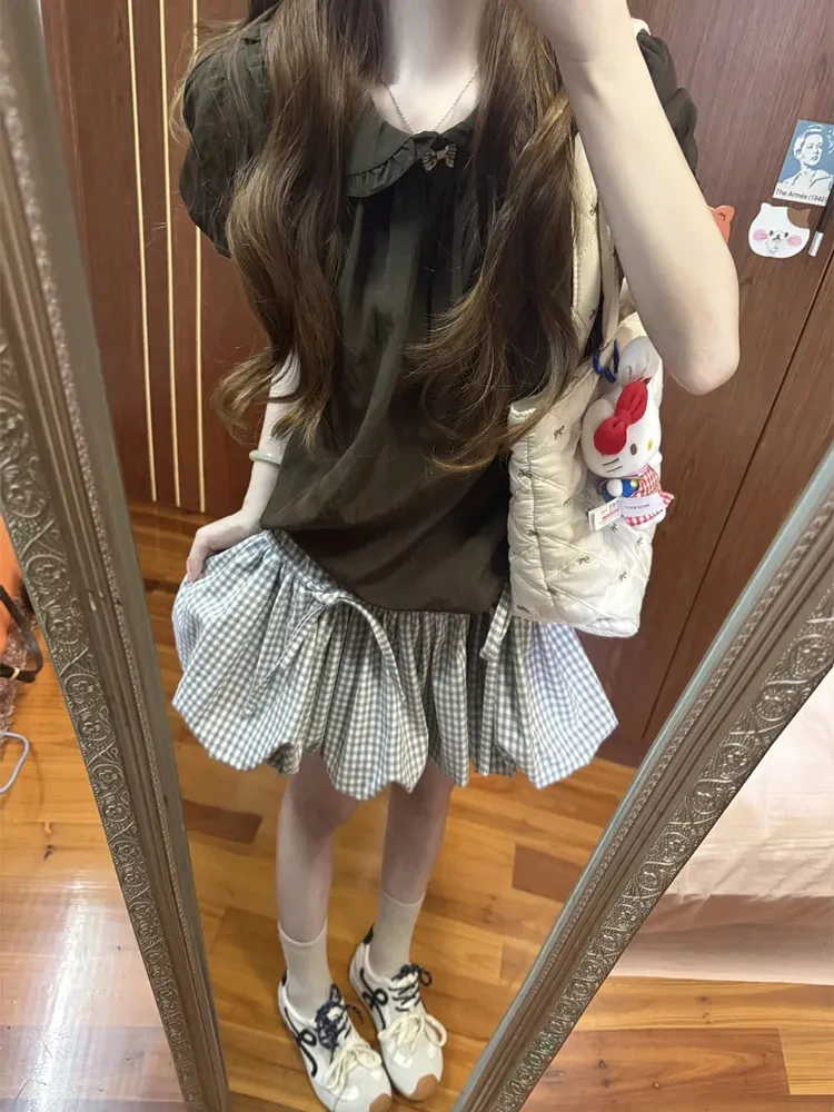 Retro kanten kraag Bubble ort Sve irt dames zomer 2025, nieuwe geruite knoprok, tweedelige set polyestervezel rond...