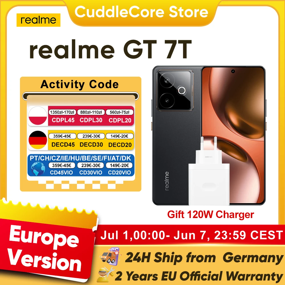 realme GT 7T Smartphone 5G EU Version MediaTek 8400-MAX 6.8'' 120Hz Screen 7000mAh Titan Battery 120W Ultra Charge NFC
