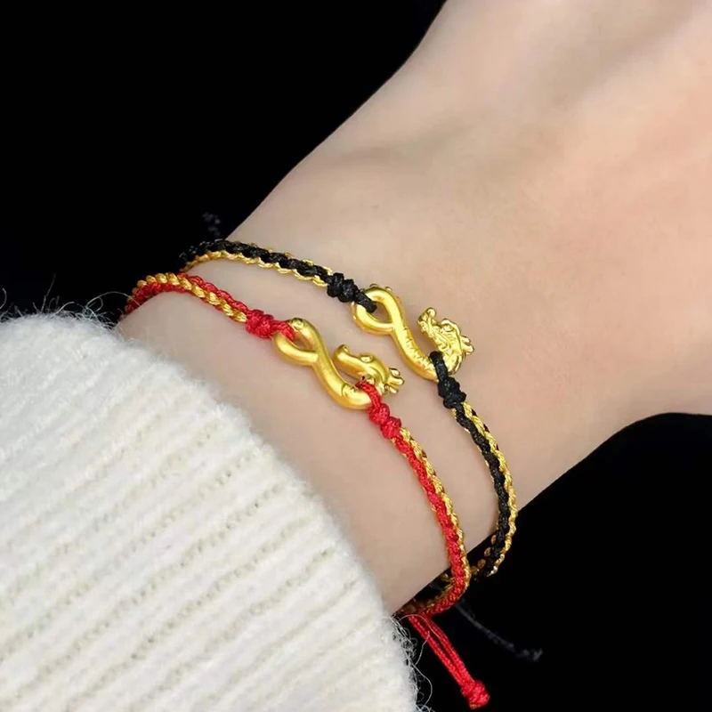 1pcs Pure 24K Yellow Gold Bracelet For Women 3D Dragon Hook Lover Gift Red String Bracelet 6.3inch Length