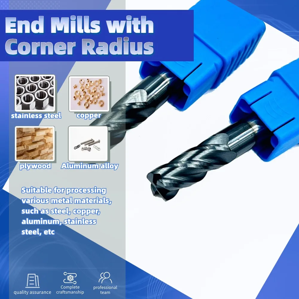 Tungstênio Carbide Flat End Moinho com Raio de Canto, CNC R Bull Nose Milling Cutter, Metal Router Bits para Madeira e Aço, 4 Flautas, HRC45