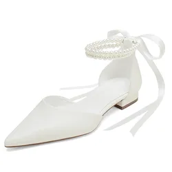 Eleganti scarpe da sposa con perle piatte per la sposa a punta con cravatta a nastro sandali da festa formali da donna appartamenti da sposa