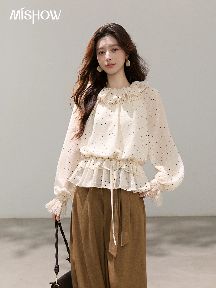 

Блузка MISHOW в стиле ретро с рюшами и принтом в горошек, шифоновая, весна 2026, новая модель, абрикосовая, с кружевными манжетами, нежная блузка-рубашка с завязками для женщин MXF13X2530