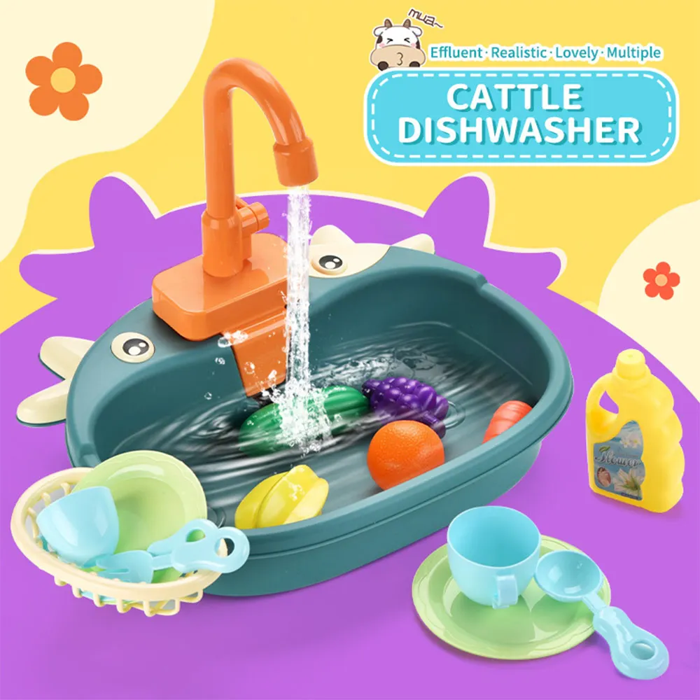 Electric Dishwasher Pretend Play Set Kids Kitchen Sink Toy Electric Dishwasher Playing Toy With Running Water Food Role PlayToys