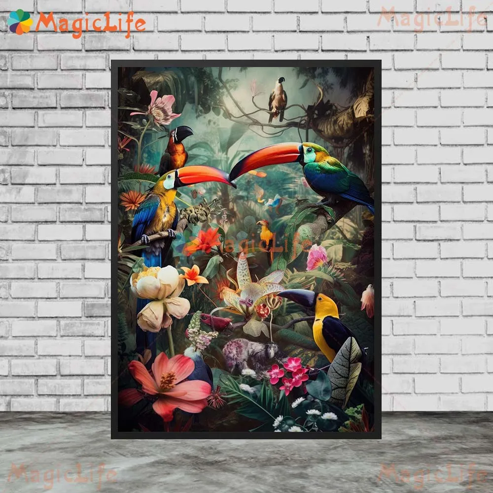 Jungle Birds Toucan Animals Flowers Poster Prints Wall Pictures For Living Room Nordic Poster Wall Art Canvas Painting Unframed