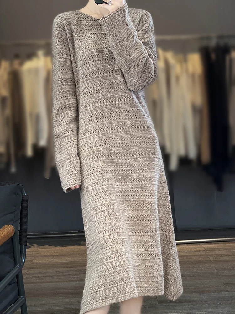 CHICUU Women Long Wool Dress Autumn Winter O-neck Hollow Dress High Quality 100% Merino Wool Knitwear Grace Soft Cashmere Dress