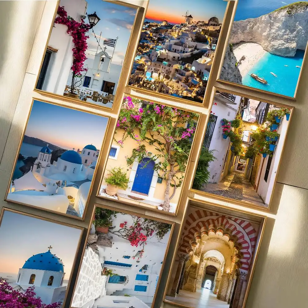 Greek Coastal Town Of Santorini And Paros Violet Landscape Poster Art With Prints Home Bedroom Living Room Decoration Gift