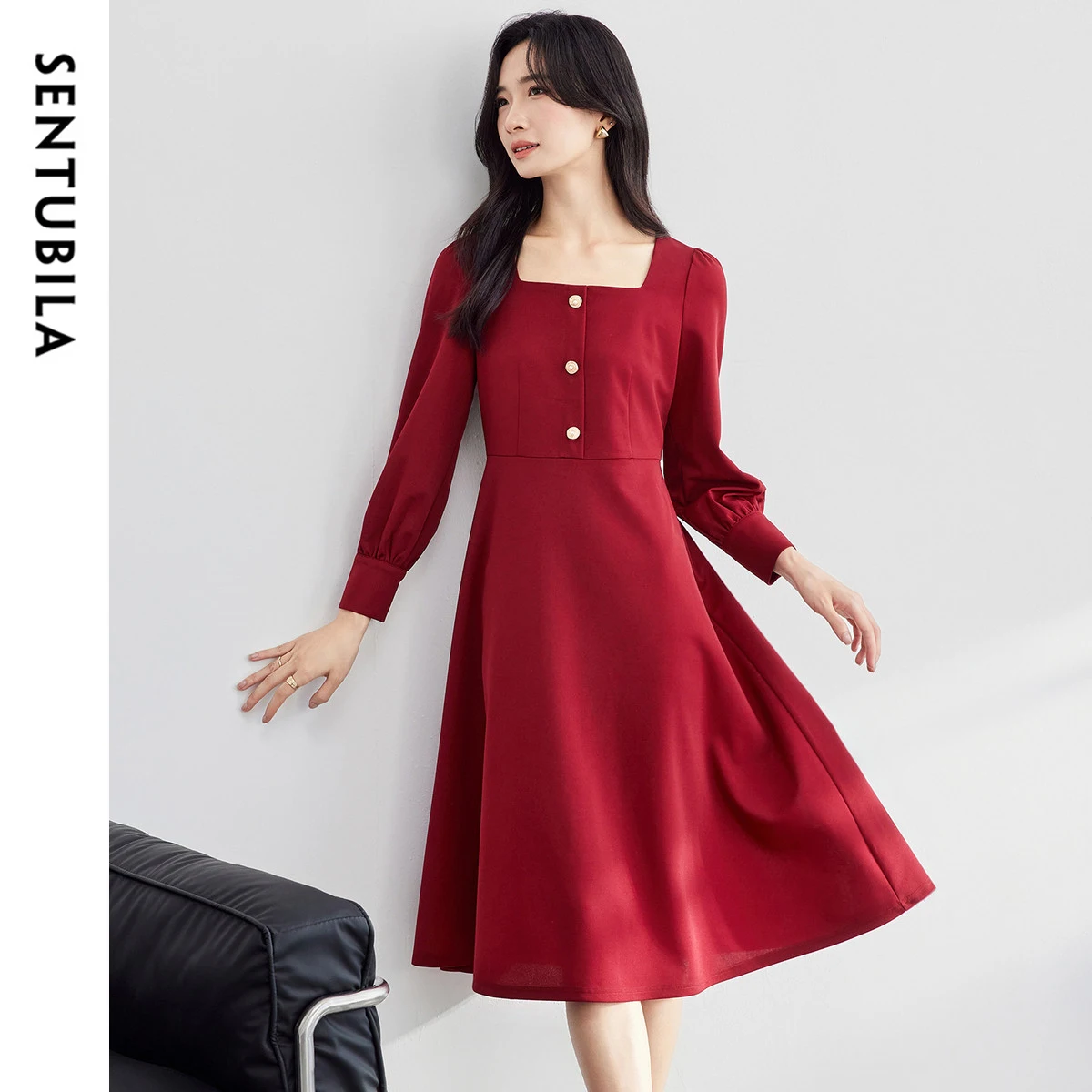 

SENTUBILA French Elegant High Waist Midi Dress Women 2025 Fashion Solid Square Collar Long Sleeve A-line Tea Dresses Q13L38651