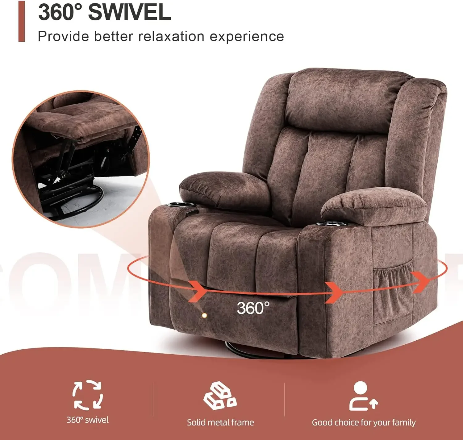 Cadeira reclinável massagem rocker com aquecida 360 graus giratória preguiçoso menino reclinável assento de sofá único com porta-copos para livi