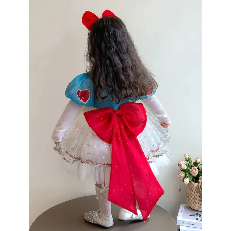 Vestido de niña Lolita 2025, primavera y otoño, nuevo vestido de malla Blancanieves para niños, ropa de fiesta de cumpleaños para bebé, vestido de flores para niña