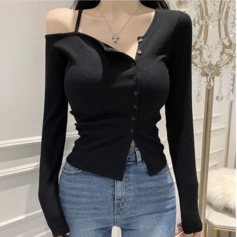 South korea Dongdaemun Fashion Design  Slim fit Sexy off-Shoulder Long sleeves Shirt Women Knitted Thread Top Cardigan