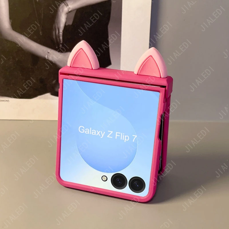 Cute Cat Ears Hinge Phone case For Samsung Galaxy Z Flip 7 6 5 4 3 flip6 zflip7 Cover - náhled 4
