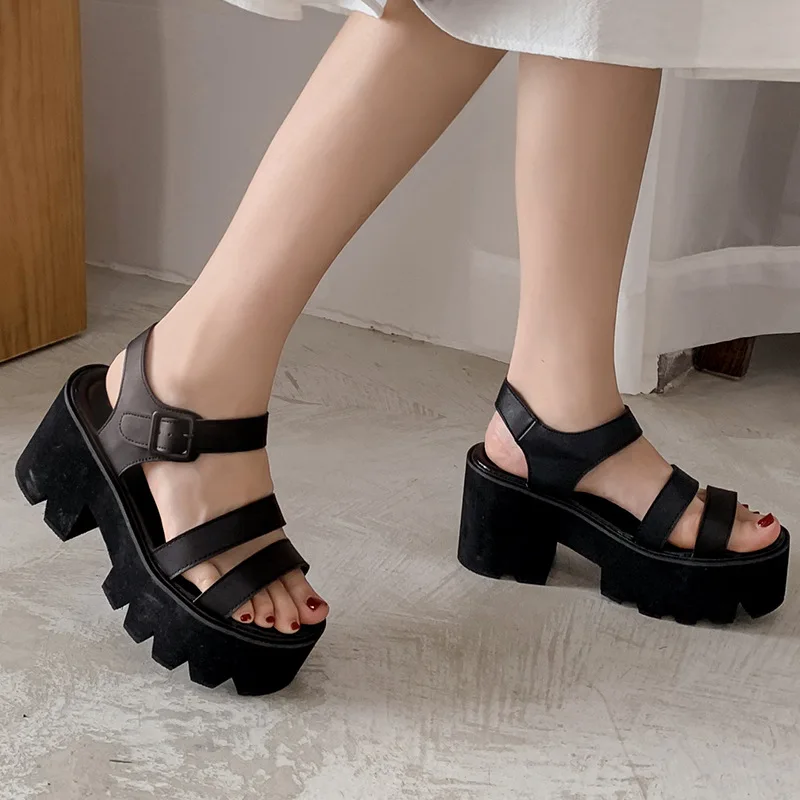 Black Platform Women Sandals Summer 2023 Female Shoes Woman Block Heel Fashion Buckle Causal Sandals 8cm Chunky Heel Sandalias