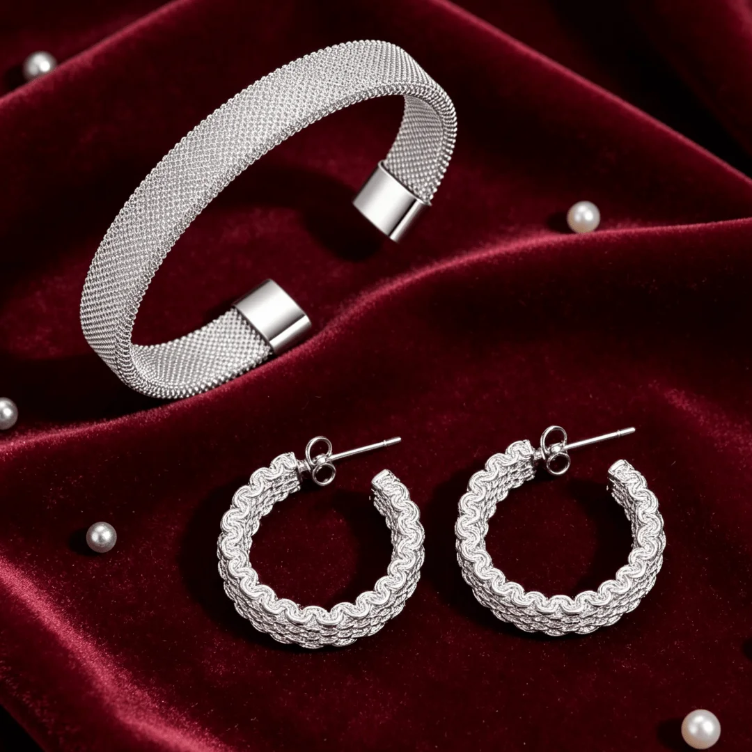 2pcs Set Original 925 Sterling Silver MESH Open Bangles Earring Jewelry Sets for Women Party Wedding Engagement Holiday Gifts