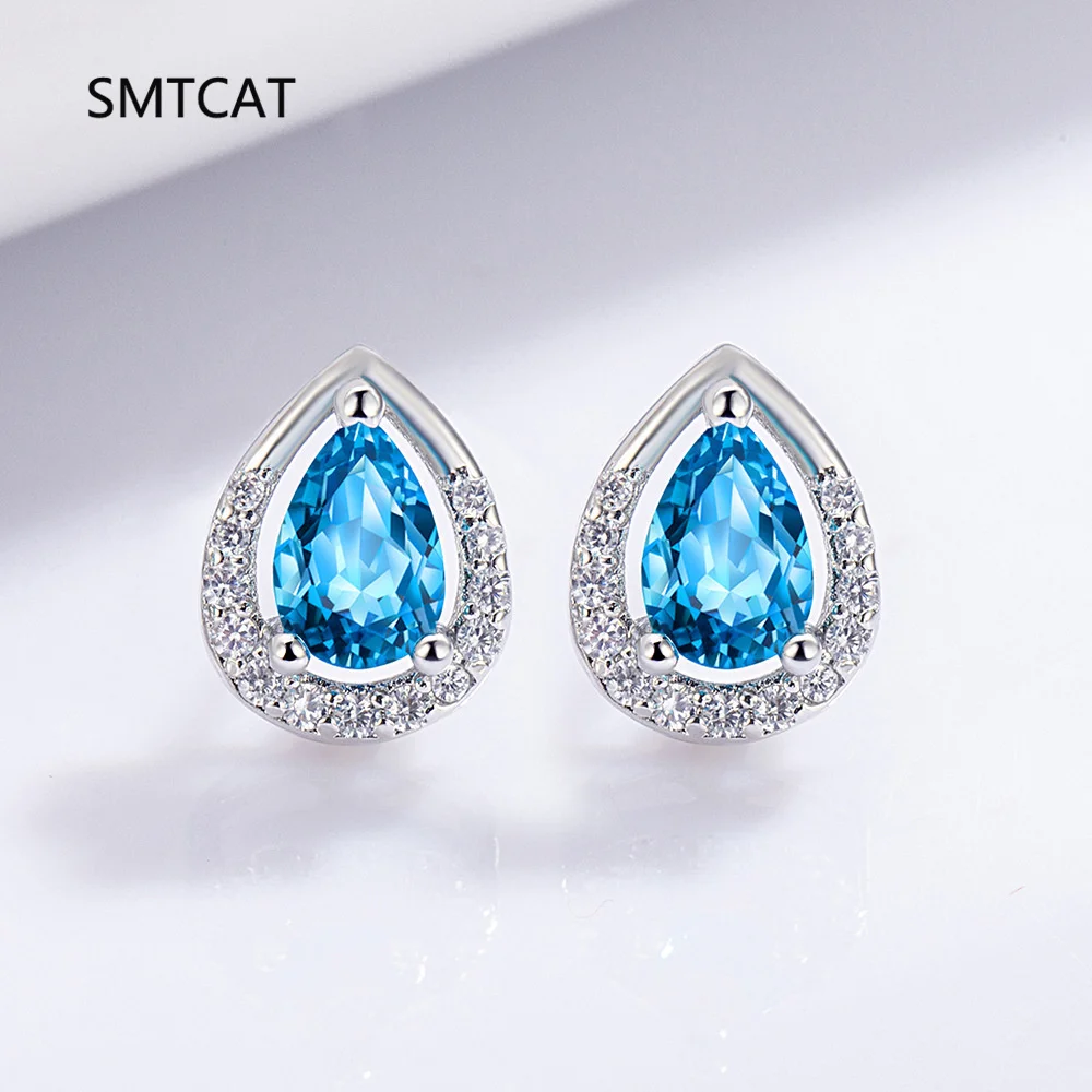 Pear Genuine Natural Blue Topaz 925 Sterling Silver Water Drop Stud Earrings for Women Statement Gemstone Jewelry Brinco Prata