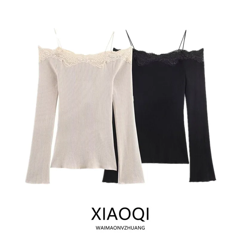Spring 2026 Women's Long Sleeve Straight Collar Lace Shoulder Bared Patchwork T-shirt Commute Style Standard Edition