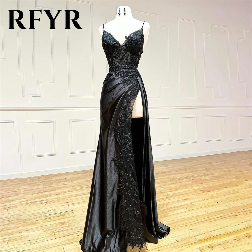 RFYR Black V-Neck Long Mermaid Party Dresses Vintage Spaghetti Strap Night Dresses Lace Celebrity Dresses with Slit Customized