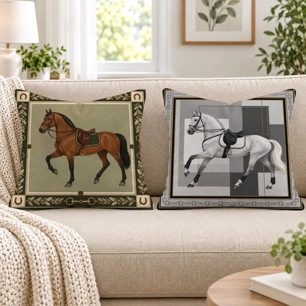 Equestrian Horse Art Cushion Cover Soft Short Plush Pillow Cases Hidden Zipper Cutecore Sofa Bedroom Home Decor Gift