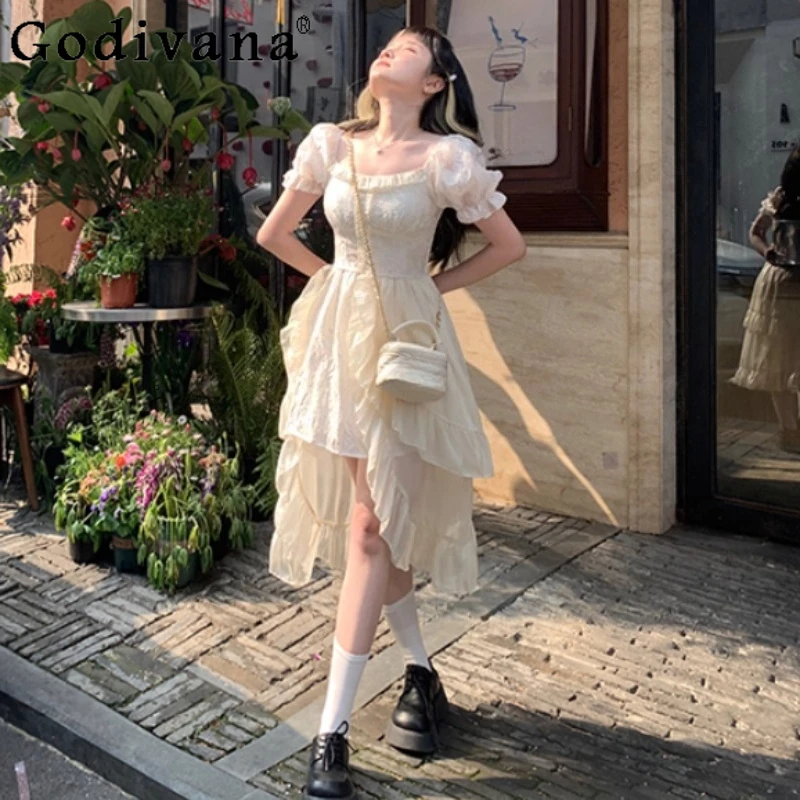 

Summer Large Size Elegant Square Collar Irregular Long Lolita Dresses Temperament Puff Sleeve Fashion Age Reduction Fairy Dress