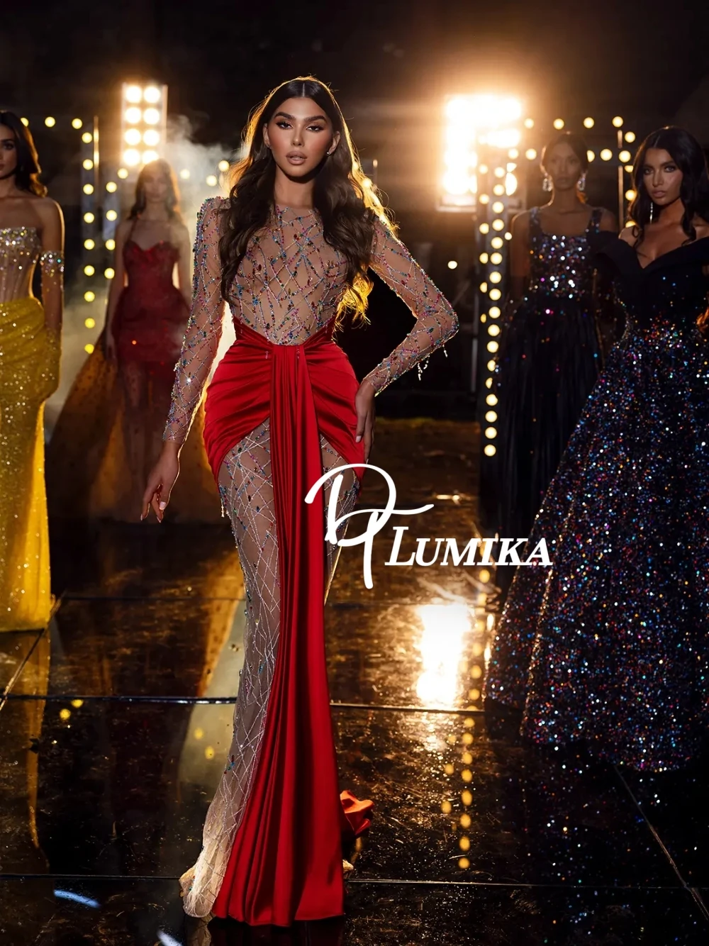 

Couture Red Satin & Sheer Colorful Beaded Evening Gown Long Sleeve Slim Fit Formal Cocktail Dress For New Year Gala Party